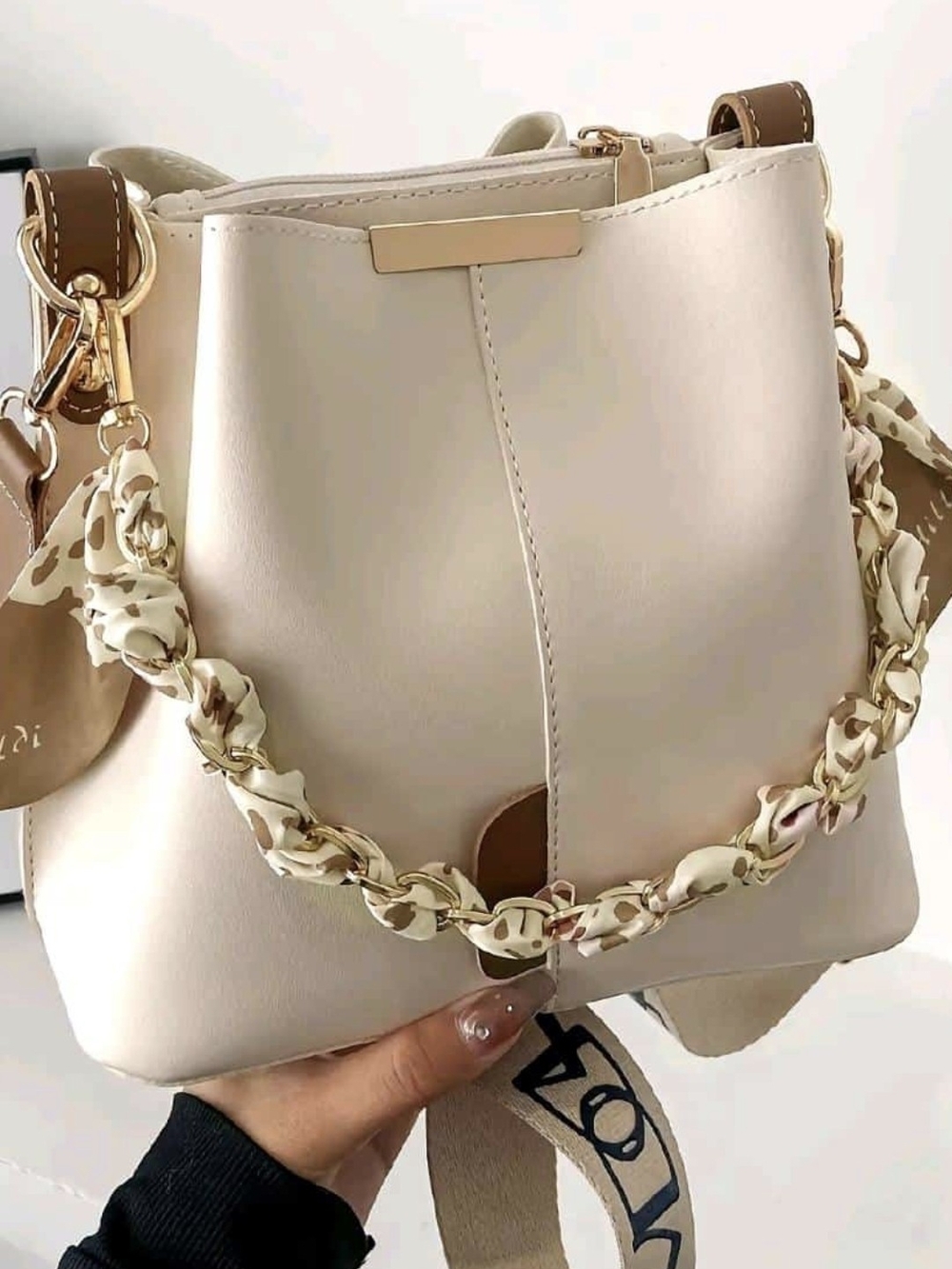 Cream Shoulder Bag with Gold Chain and Scarf Detail